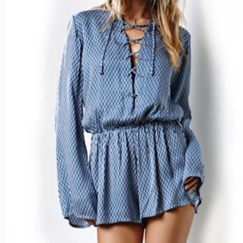 Faithful the Brand Lace Up Open Back Bell Sleeve Short Romper